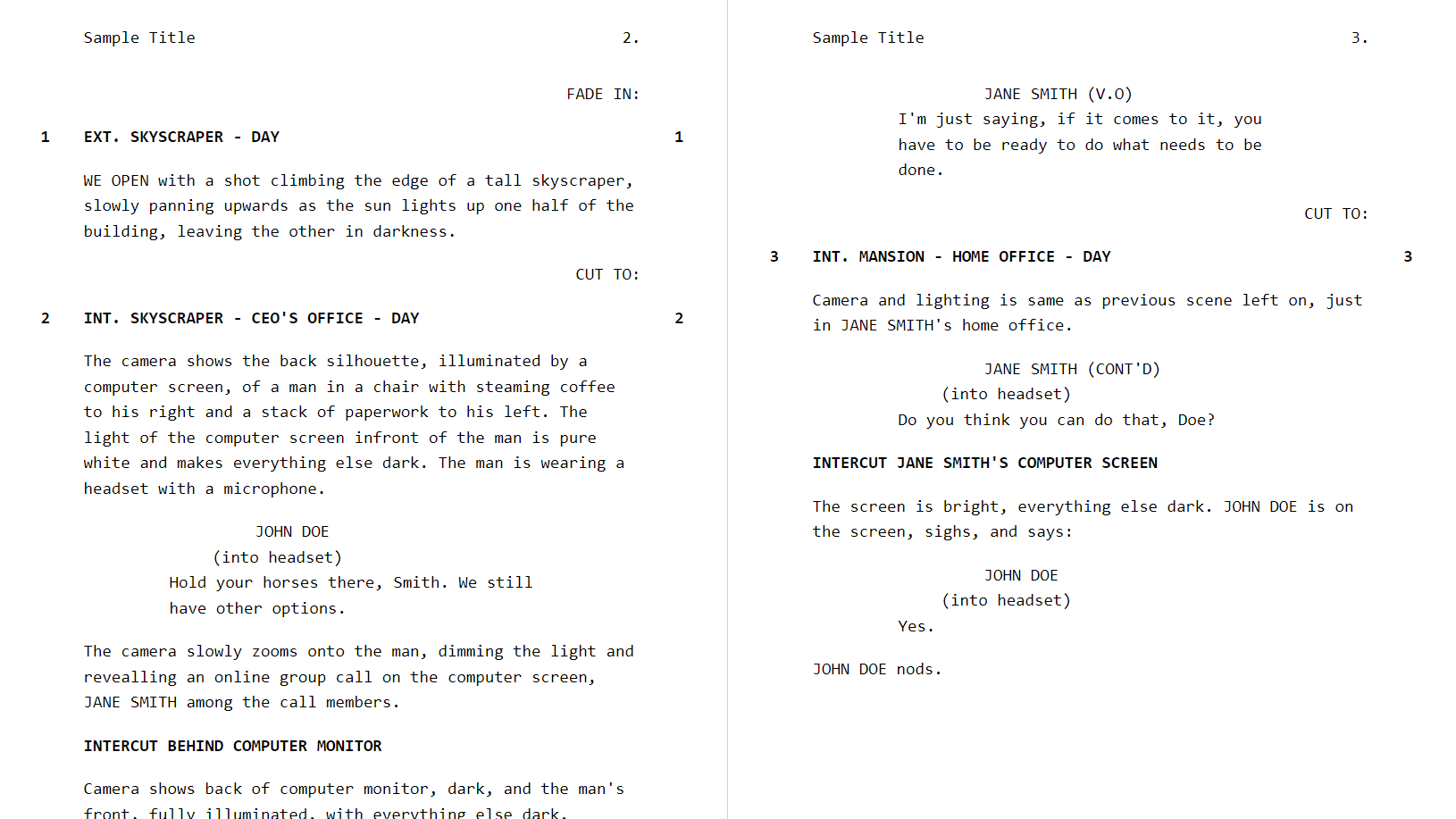 Example screenplay, formatted.